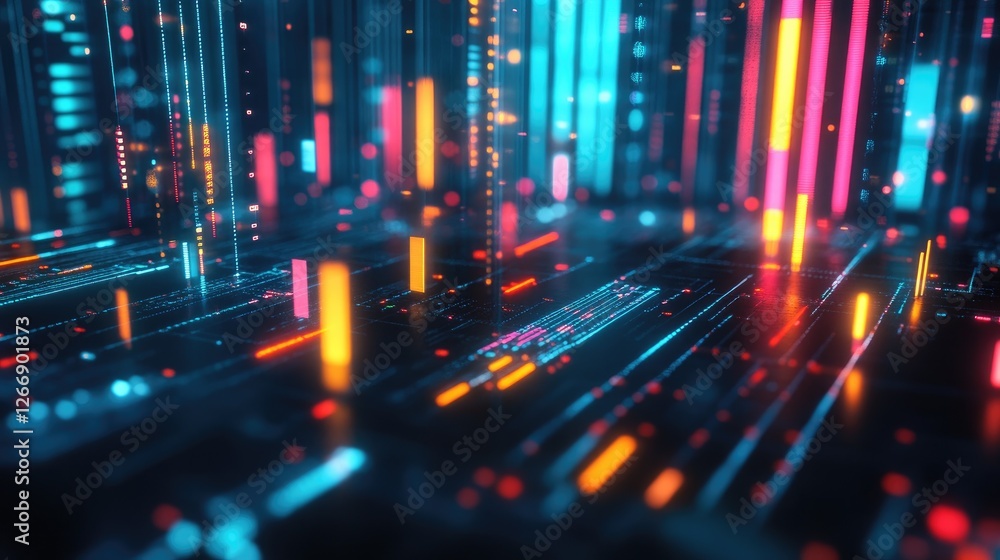 Poster a futuristic d bar graph with glowing edges and vibrant colors, set in a digital environment, repres