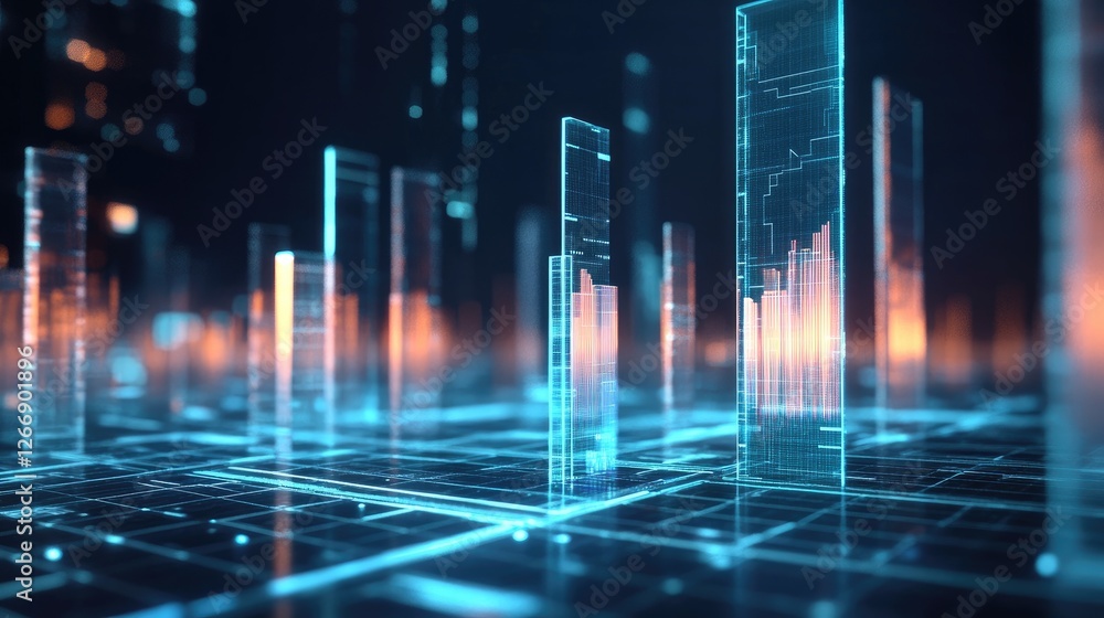Poster a futuristic d bar graph with transparent bars of varying heights, hovering over a digital grid, rep