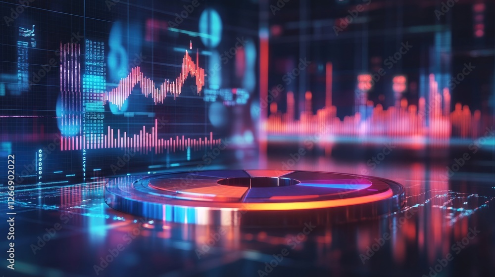 Poster a futuristic d pie chart with floating segments, representing the global financial market share, wit