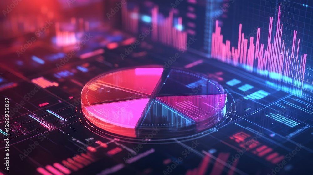 Poster a futuristic d pie chart with floating segments, representing the global financial market share, wit