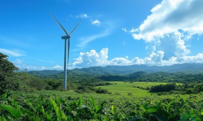 Wind turbine in lush green landscape under blue sky with mountains in background