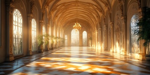 Obraz premium An ornate hallway with arched windows and gold accents.
