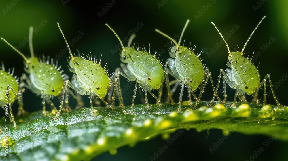 Poster a group of tiny aphids gathered on a leaf, creating a fascinating display of insect life as they fee