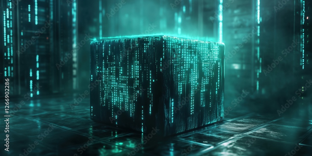 Poster futuristic glowing cube with digital code in a high-tech environment