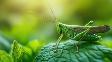 A grasshopper perched on a large leaf, its legs poised and ready to leap, blending perfectly into the lush greenery around it.