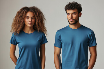 A young couple wearing a blue matching t-shirt mockup used as a design template