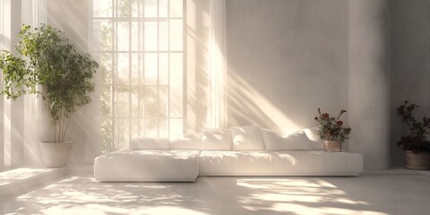 A serene and minimalist white living room with large windows.