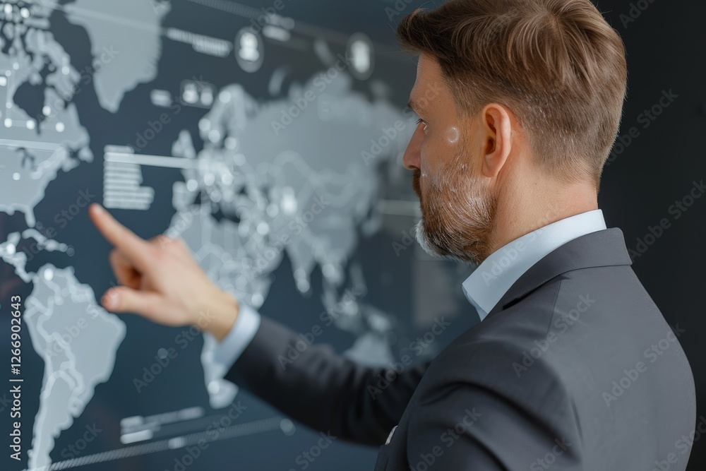 Poster business professional analyzing global map on digital screen, exploring data insights for strategic 