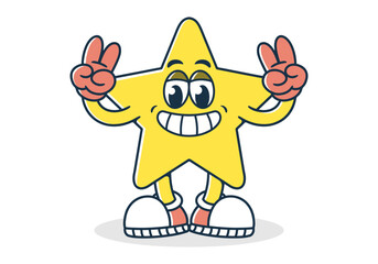 Mascot character of a standing star with hands forming a peace symbol in yellow colors