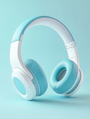 pair of light blue and white wireless over-ear headphones with ear cups, in the isometric view of the front side of the product