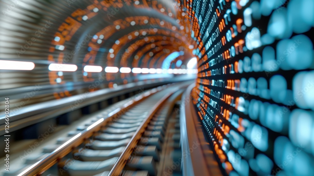 Poster abstract view of a curved train tunnel with colorful lights and blurred motion effect on the metalli