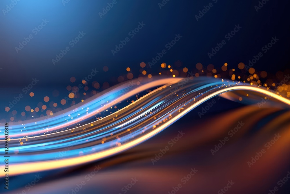 Poster flowing light waves with glittering particles on a dark background for abstract and creative concept