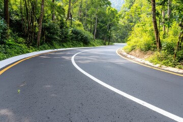 Fototapeta premium Serene Curved Road Surrounded by Lush Green Trees in a Scenic Forest Landscape