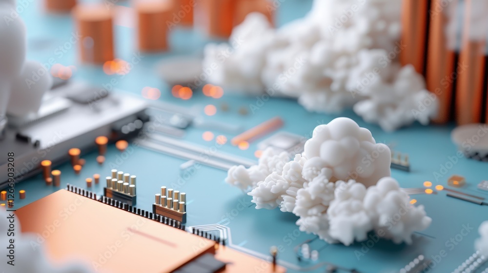 Poster abstract representation of technology and innovation with clouds and circuits on a blue surface
