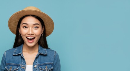 Enthusiastic Young Woman Smiling in Straw Hat and Denim Jacket Against Blue Background â€“ Perfect for Lifestyle and Fashion Themes