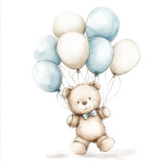 A watercolour style illustration of a teddy bear holding many balloons, it is floating. The teddy bear is light brown colour and the balloons are light blue and white colours.