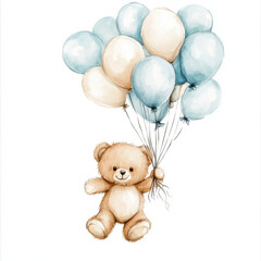 A watercolour style illustration of a teddy bear holding many balloons, it is floating. The teddy bear is light brown colour and the balloons are light blue and white colours.