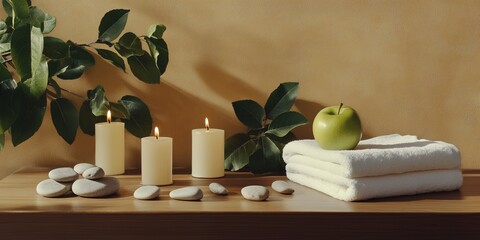 Relaxing spa setting with candles, towels, stones, and green apple for wellness
