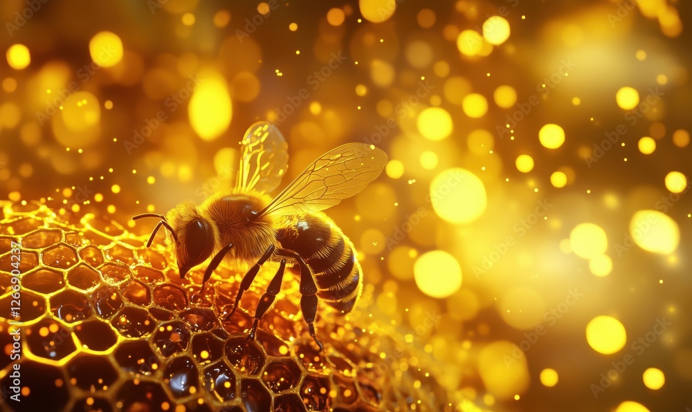 Poster close-up of bee on honeycomb with golden bokeh background and sparkling honey droplets
