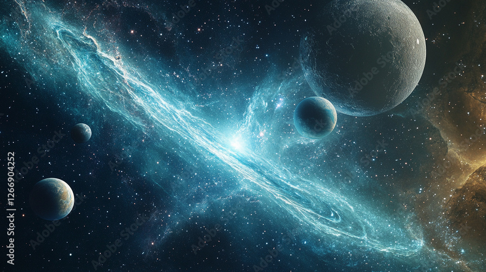 Poster celestial showcase of spiral galaxy with colorful planets in vast universe