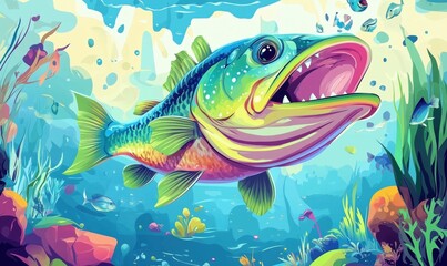 Naklejka premium Colorful cartoon bass fish swimming in vibrant underwater scene with aquatic plants