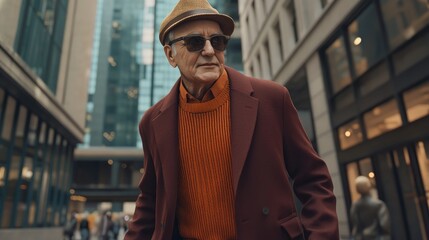 Obraz premium Stylish senior man strolling city streets, modern urban background