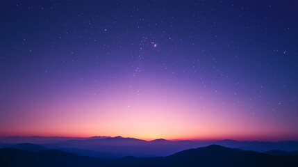 Sunsets blend with stars over serene mountains creating a tranquil twilight atmosphere