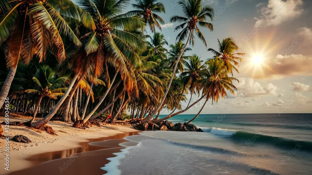 Poster serene beach paradise with golden sun rays and swaying palm trees in a tranquil setting at sunset. g