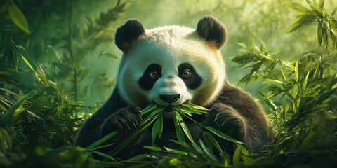 Fototapeta premium Giant panda eating bamboo in lush green forest setting with soft sunlight
