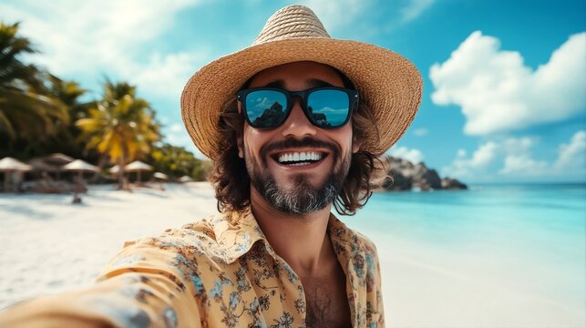 A man wearing sunglasses and a hat taking a selfie on a beach with palm trees and blue skies.