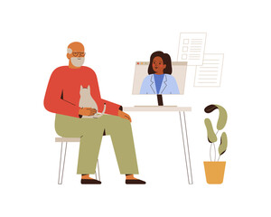 online medical appointment or Telemedicine. senior man talking to doctor have video call from home. Therapist, general practitioner remote consultation with elderly male, recommendation and receipts