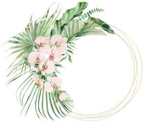 Frame with green watercolor tropical leaves and pink orchid flowers, Wedding isolated illustration