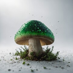"A fantasy glowing green mushroom with magical dust particles, on a pure white background."