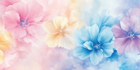 Colorful floral background with pastel hibiscus flowers and soft cloud-like textures