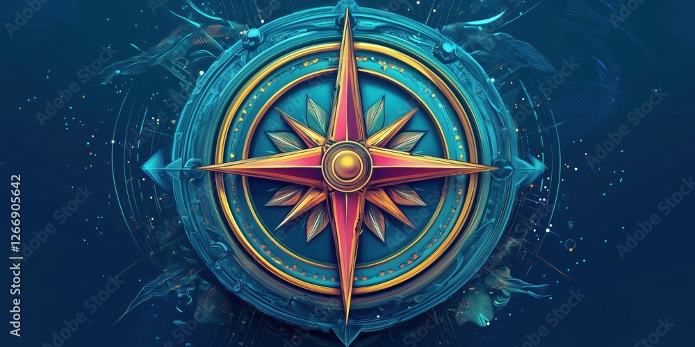Poster colorful compass design with intricate details and vibrant colors for navigation themes