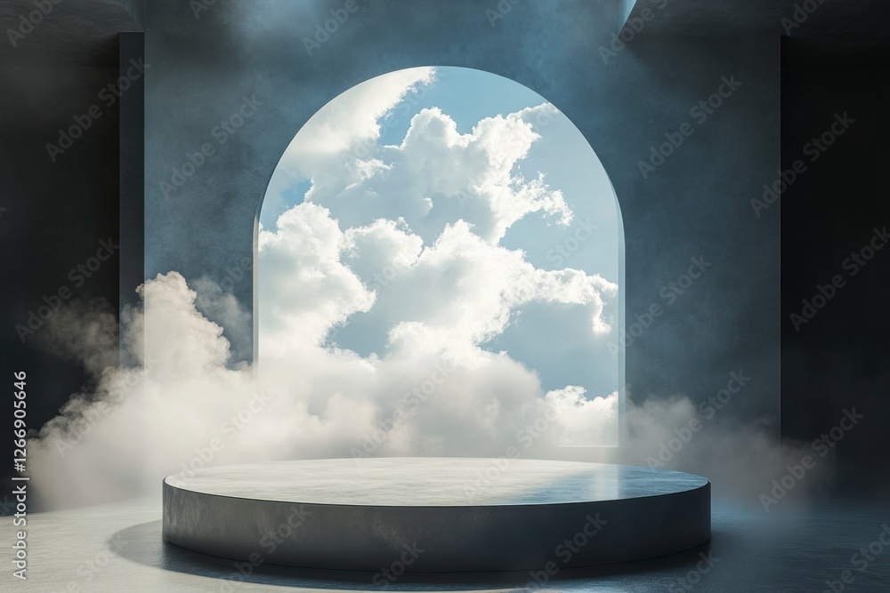Poster round podium with a view of the sky and clouds in an empty room, with a circular platform at its cen