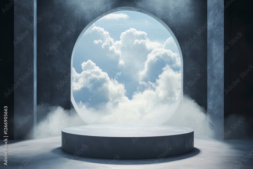 Poster round podium with a view of the sky and clouds in an empty room, with a circular platform at its cen
