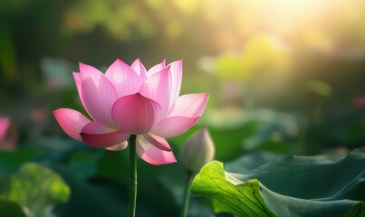Obraz premium Beautiful pink lotus flower blooming in serene pond with soft sunlight