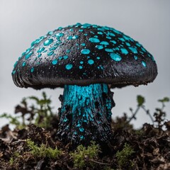"A mysterious deep black mushroom with glowing cyan spots, highly detailed, on a white background."