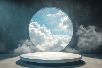 round podium with a view of the sky and clouds in an empty room, with a circular platform at its center. The background features dark gray walls and light blue accents.