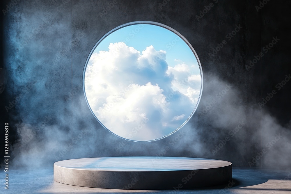 Poster round podium with a view of the sky and clouds in an empty room, with a circular platform at its cen