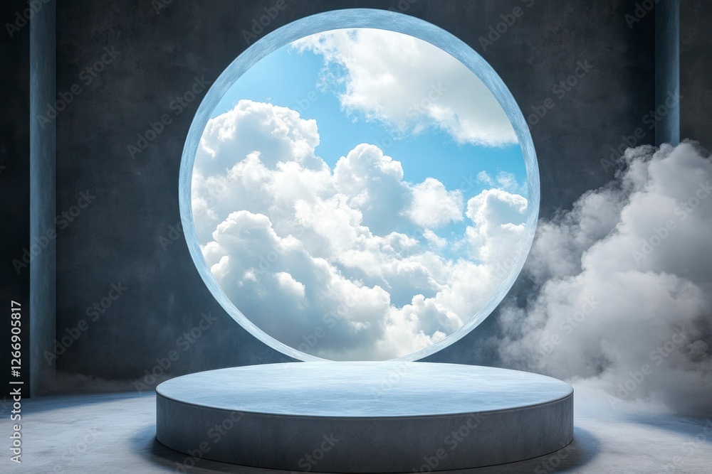 Poster round podium with a view of the sky and clouds in an empty room, with a circular platform at its cen