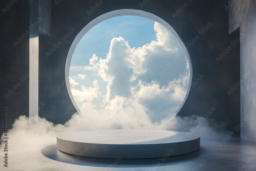 Poster round podium with a view of the sky and clouds in an empty room, with a circular platform at its cen