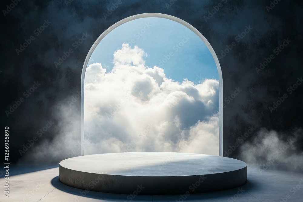 Poster round podium with a view of the sky and clouds in an empty room, with a circular platform at its cen
