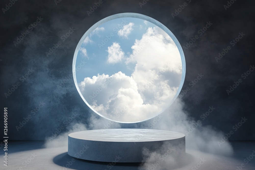 Poster round podium with a view of the sky and clouds in an empty room, with a circular platform at its cen