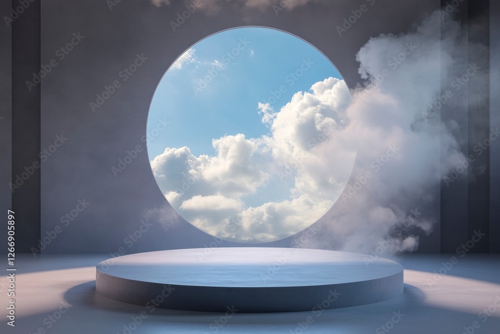 Poster round podium with a view of the sky and clouds in an empty room, with a circular platform at its cen