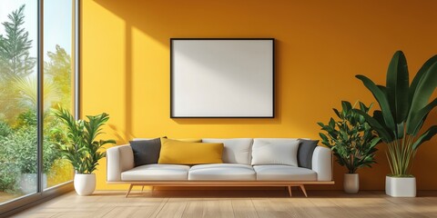 Modern living room with yellow wall, white sofa, and large windows for natural light