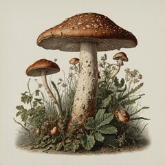 "A vintage botanical illustration of a beautiful mushroom, finely detailed, on a white background."