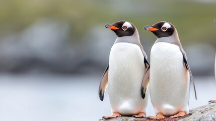 Fototapeta premium Two Gentoo Penguins standing on a rock near the water. Possible use Wildlife photography, educational purposes