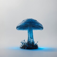 "A translucent mushroom with a blue glow, sci-fi inspired, placed on a plain white backdrop."